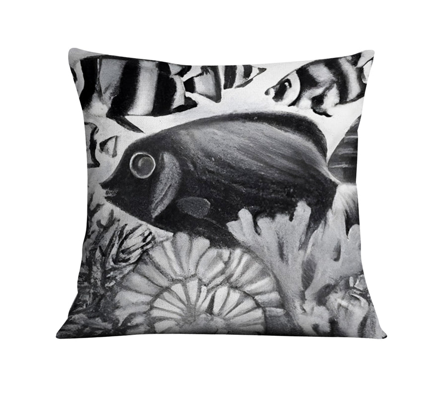 Black and White Fish Reef Illustration Throw Pillow Cover