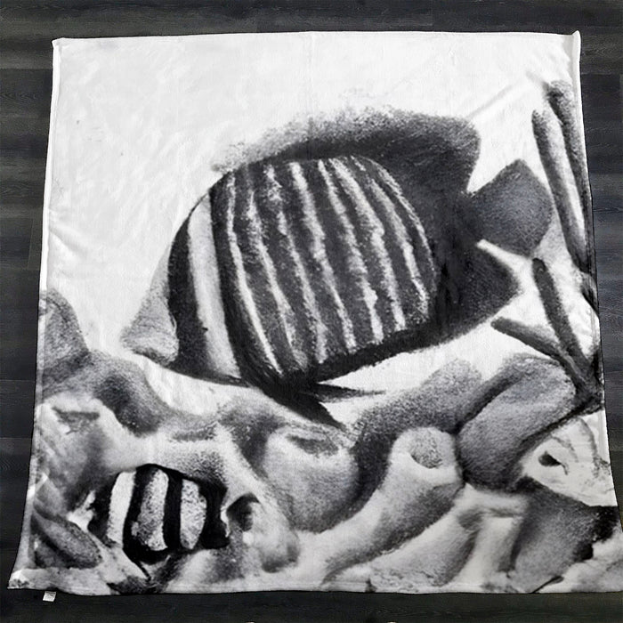 Gray Fish Coral Reef Pattern Fleece Sherpa Blanket