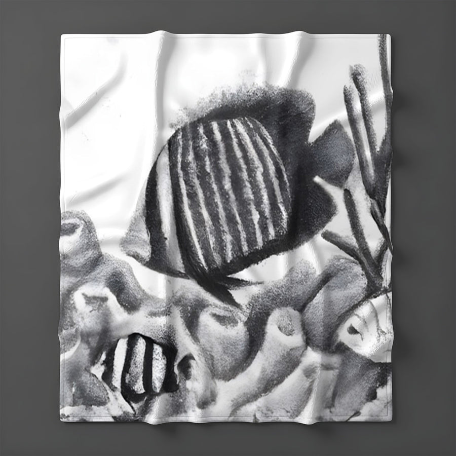 Gray Fish Coral Reef Pattern Fleece Sherpa Blanket