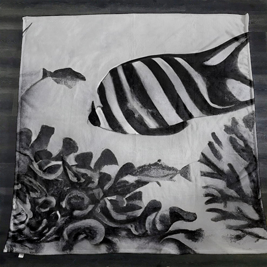 Black and White Fish Reef Pattern Fleece Sherpa Blanket