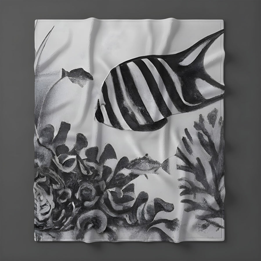 Black and White Fish Reef Pattern Fleece Sherpa Blanket