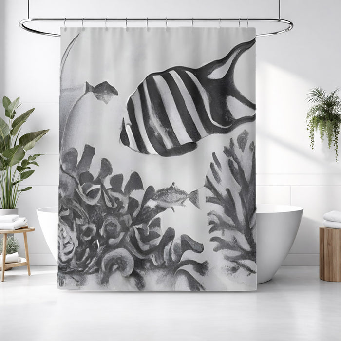 Black and White Fish Reef Pattern Shower Curtain