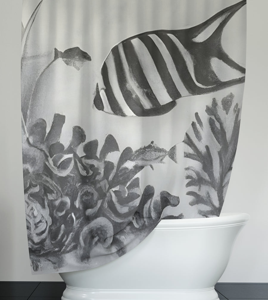 Black and White Fish Reef Pattern Shower Curtain