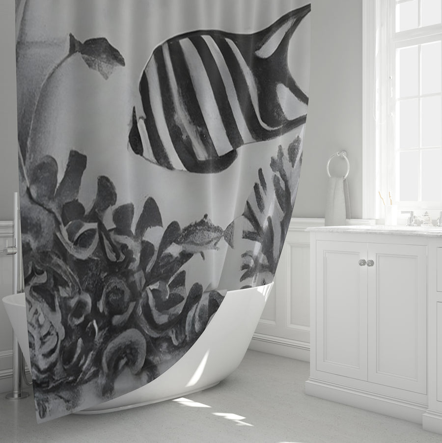 Black and White Fish Reef Pattern Shower Curtain