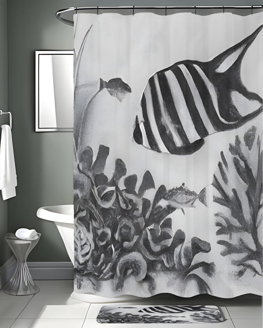 Black and White Fish Reef Pattern Shower Curtain