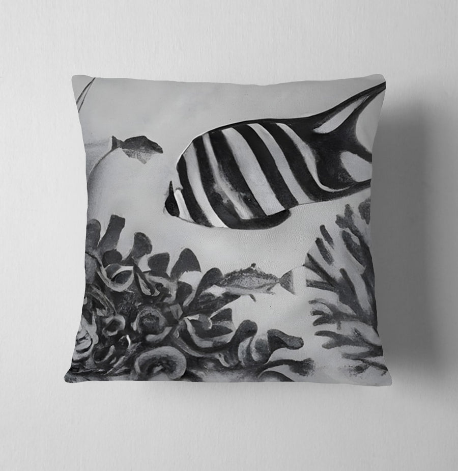 Black and White Fish Reef Pattern Throw Pillow Cover