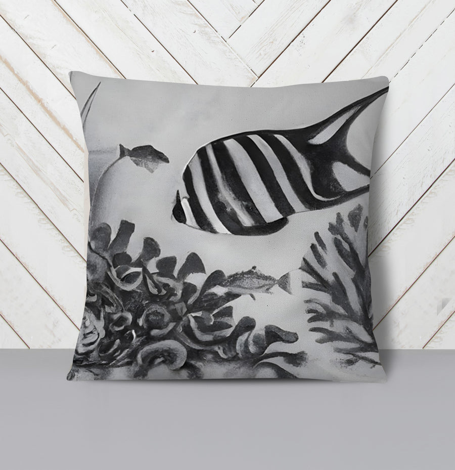 Black and White Fish Reef Pattern Throw Pillow Cover