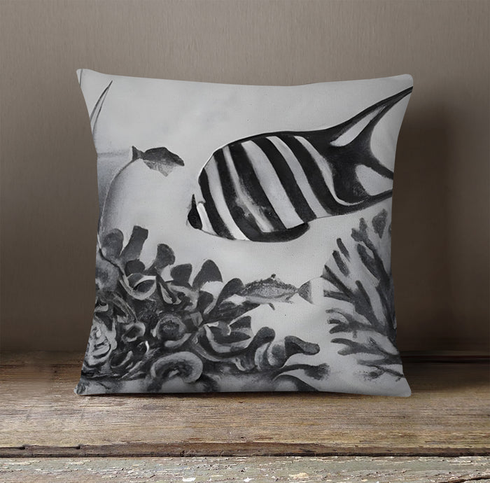 Black and White Fish Reef Pattern Throw Pillow Cover