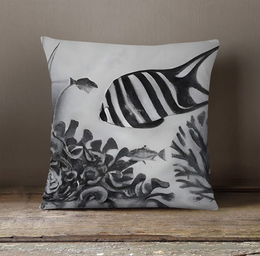 Black and White Fish Reef Pattern Throw Pillow Cover