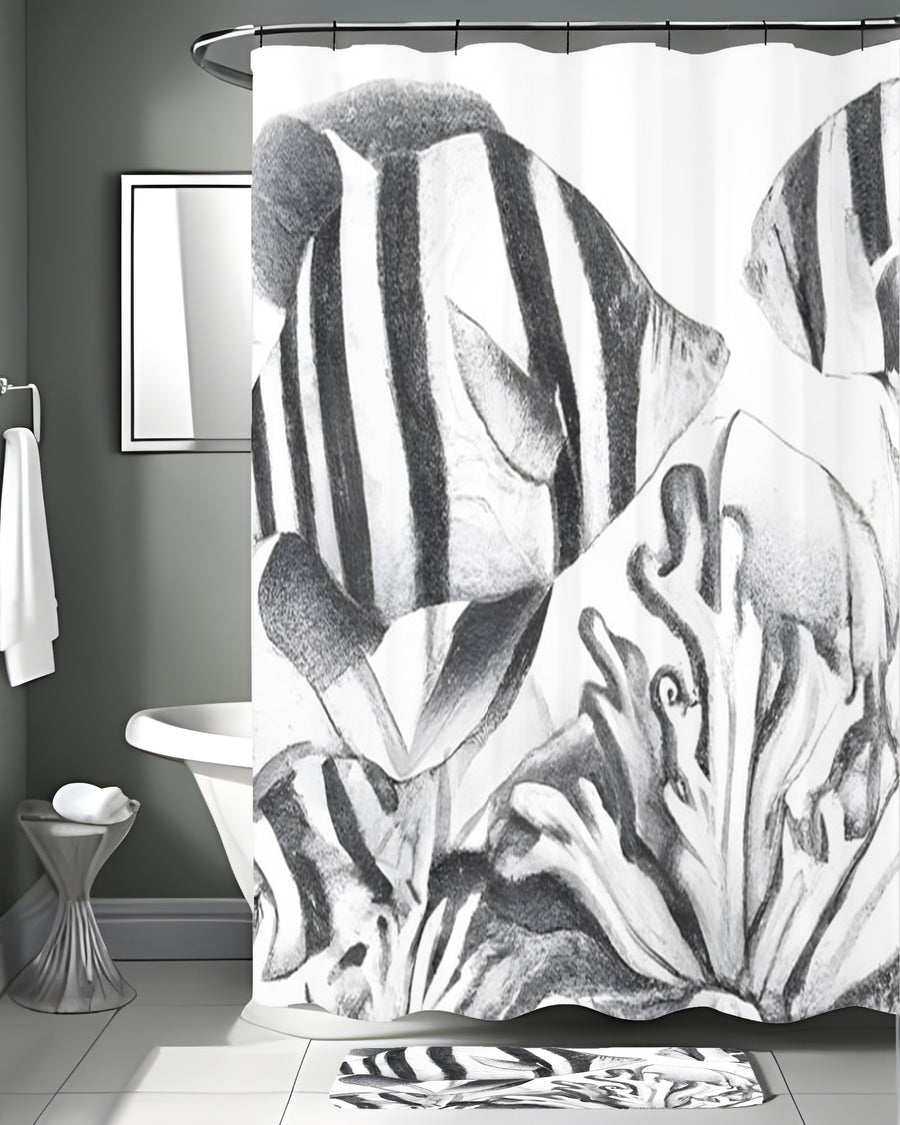 Gray Fish Reef Illustration Pattern Shower Curtain