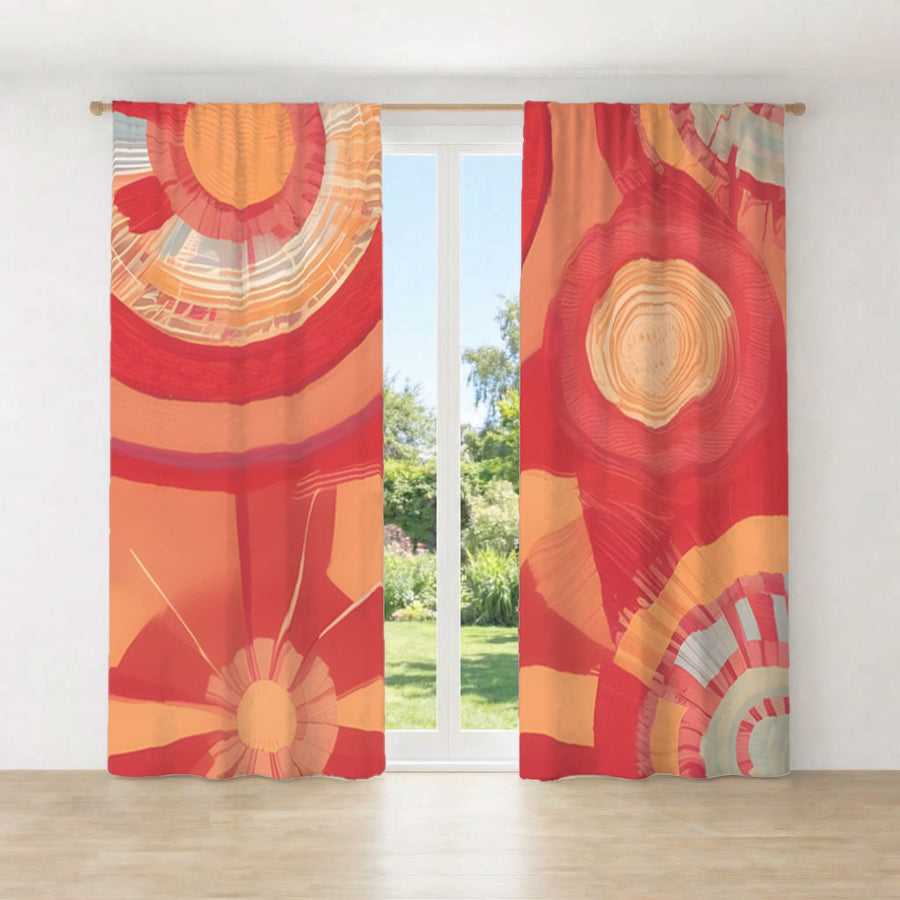 Orange Retro Circle Geometric Pattern Window Curtains