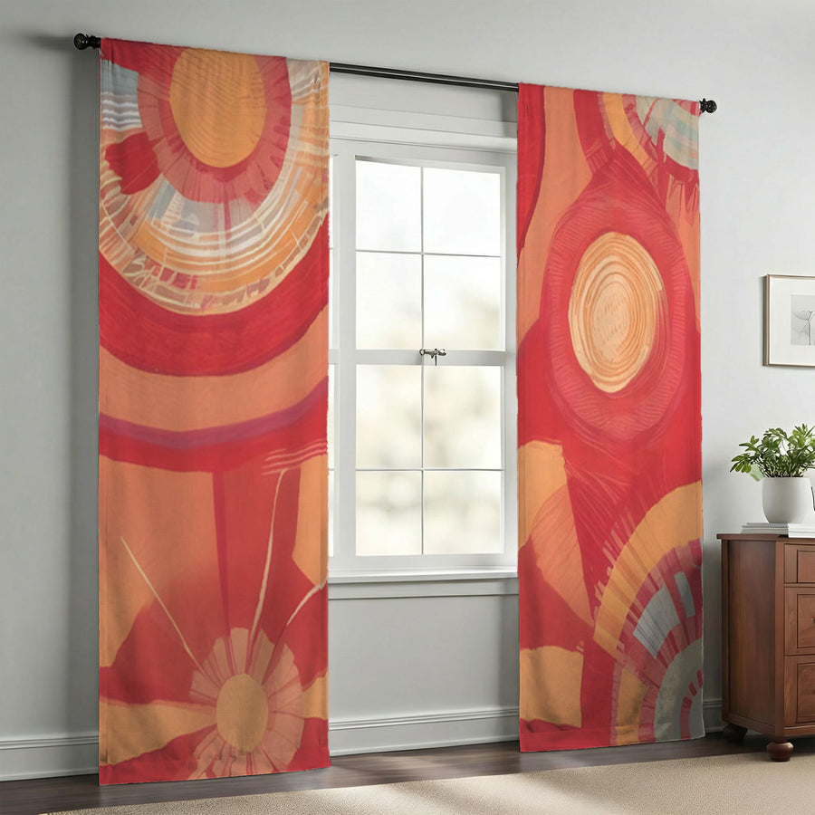 Orange Retro Circle Geometric Pattern Window Curtains