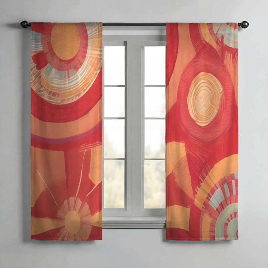 Orange Retro Circle Geometric Pattern Window Curtains