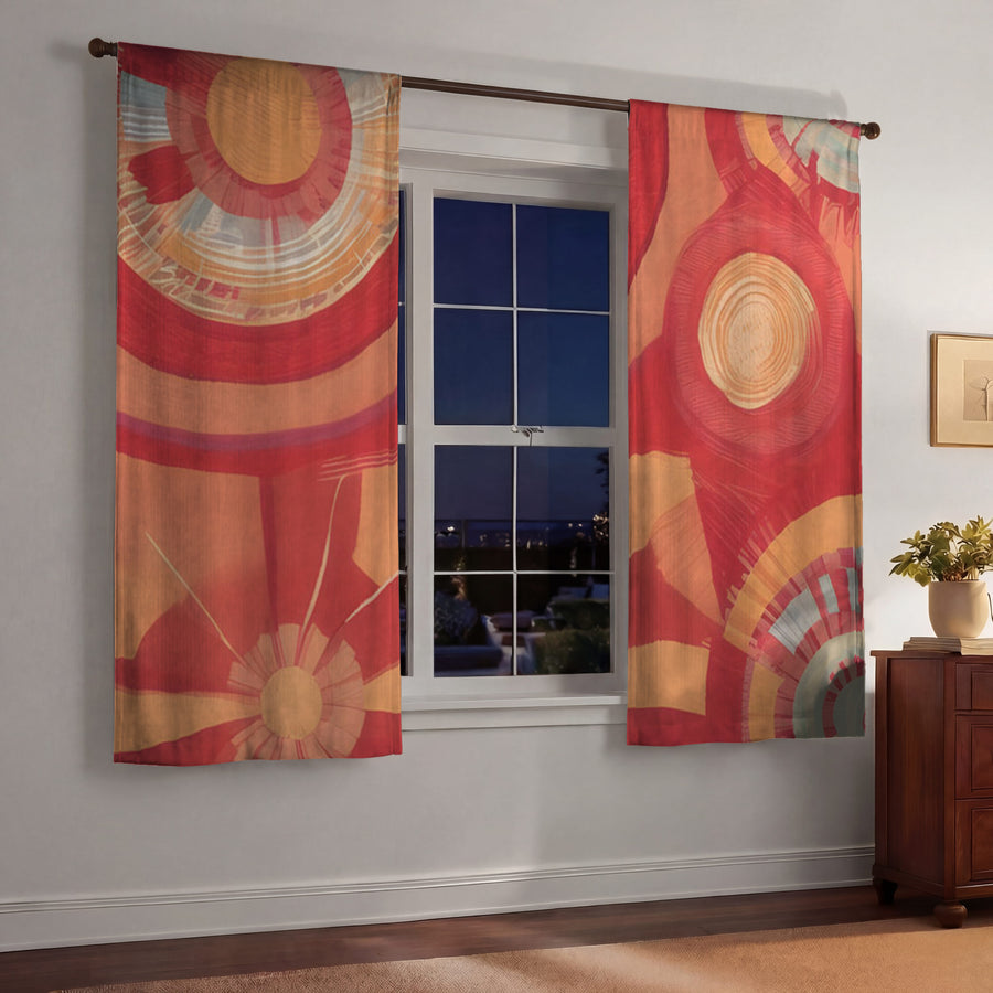 Orange Retro Circle Geometric Pattern Window Curtains
