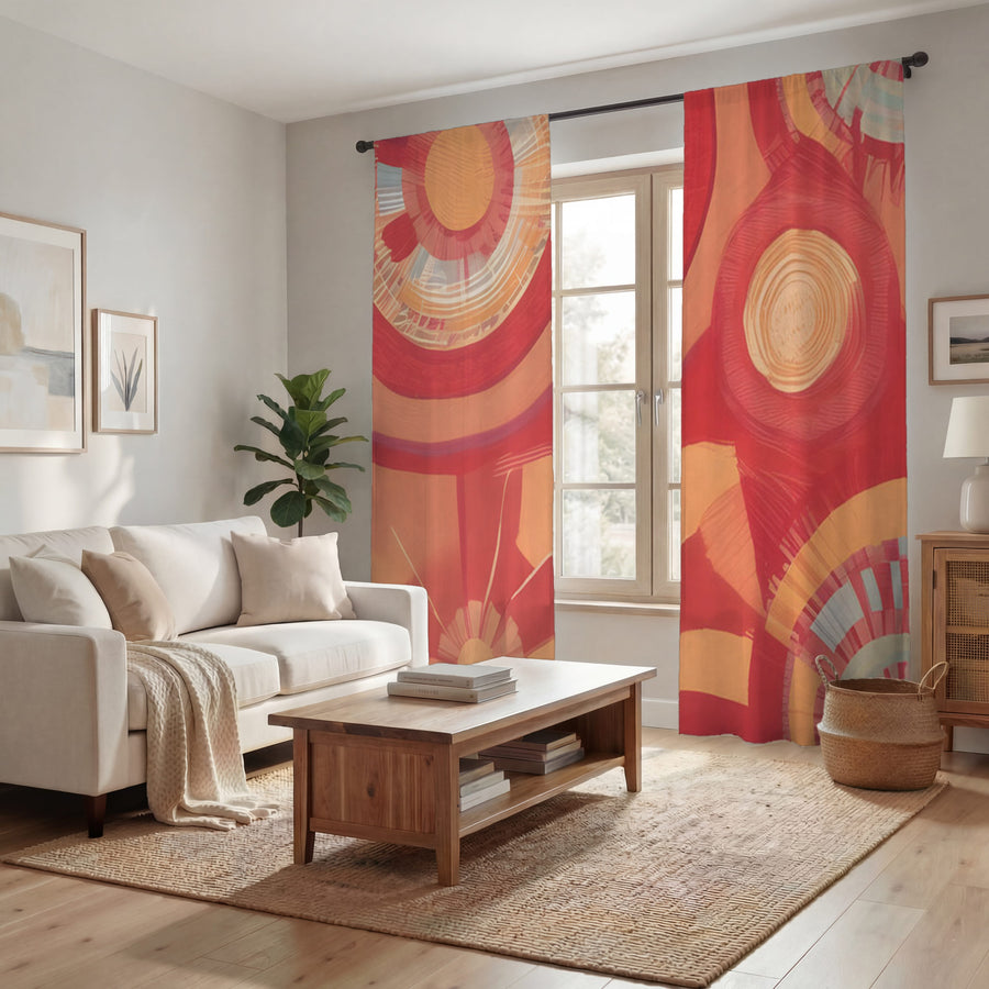 Orange Retro Circle Geometric Pattern Window Curtains