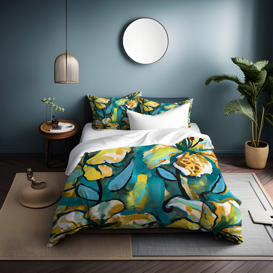 Teal Floral Botanical Artwork Duvet Cover