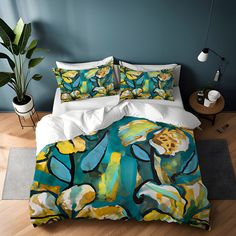 Teal Floral Botanical Artwork Duvet Cover