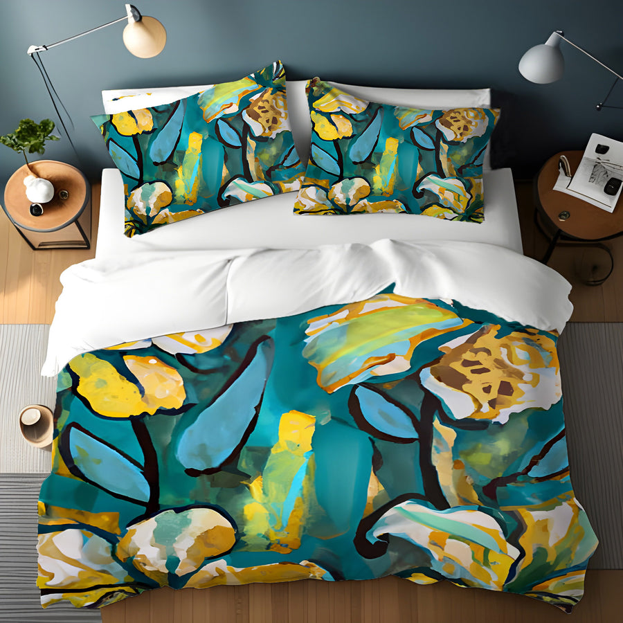 Teal Floral Botanical Artwork Duvet Cover