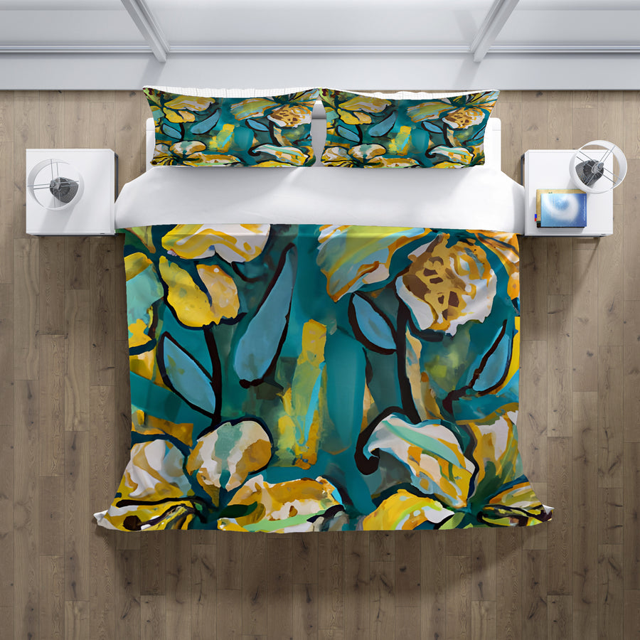 Teal Floral Botanical Artwork Duvet Cover
