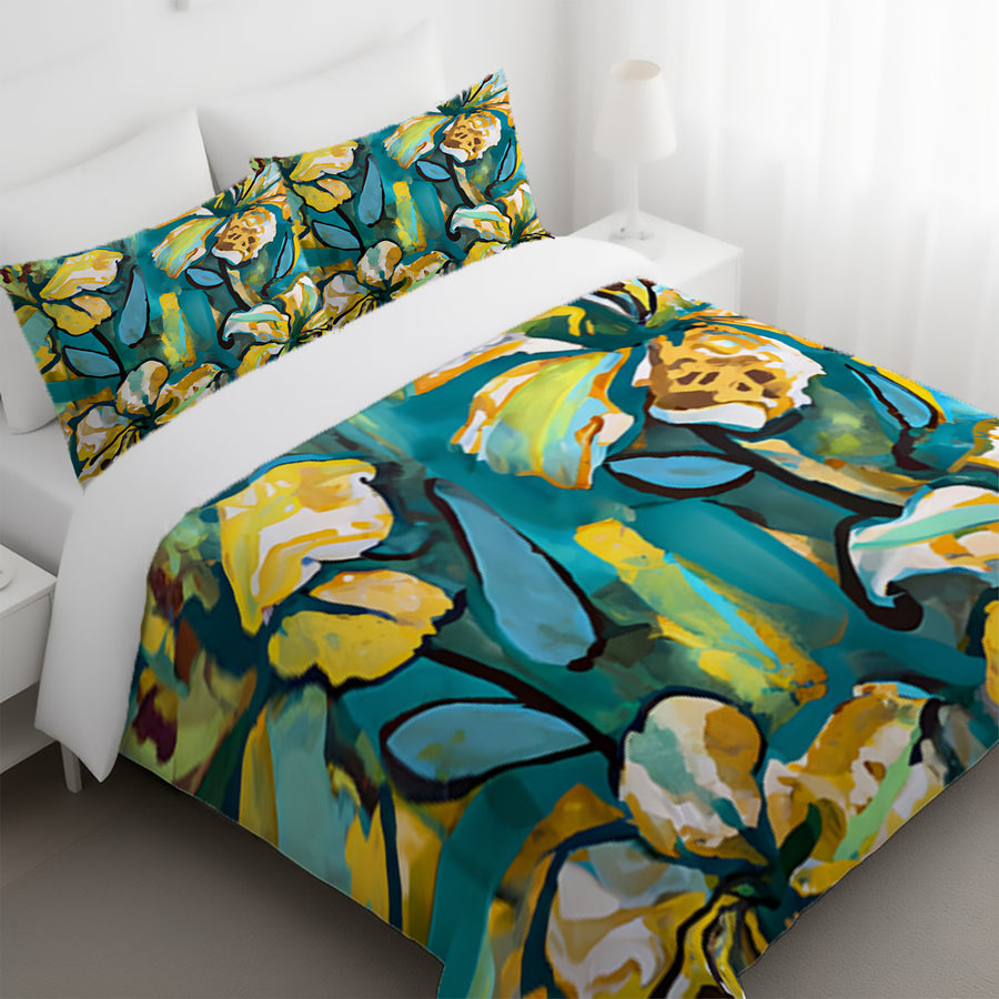 Teal Floral Botanical Artwork Duvet Cover