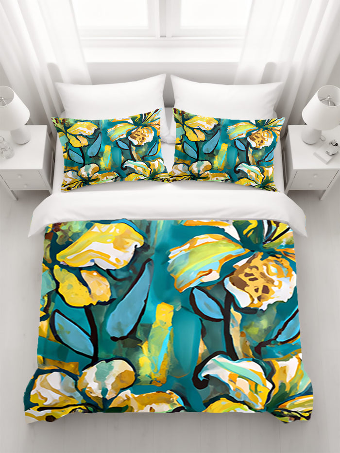 Teal Floral Botanical Artwork Duvet Cover