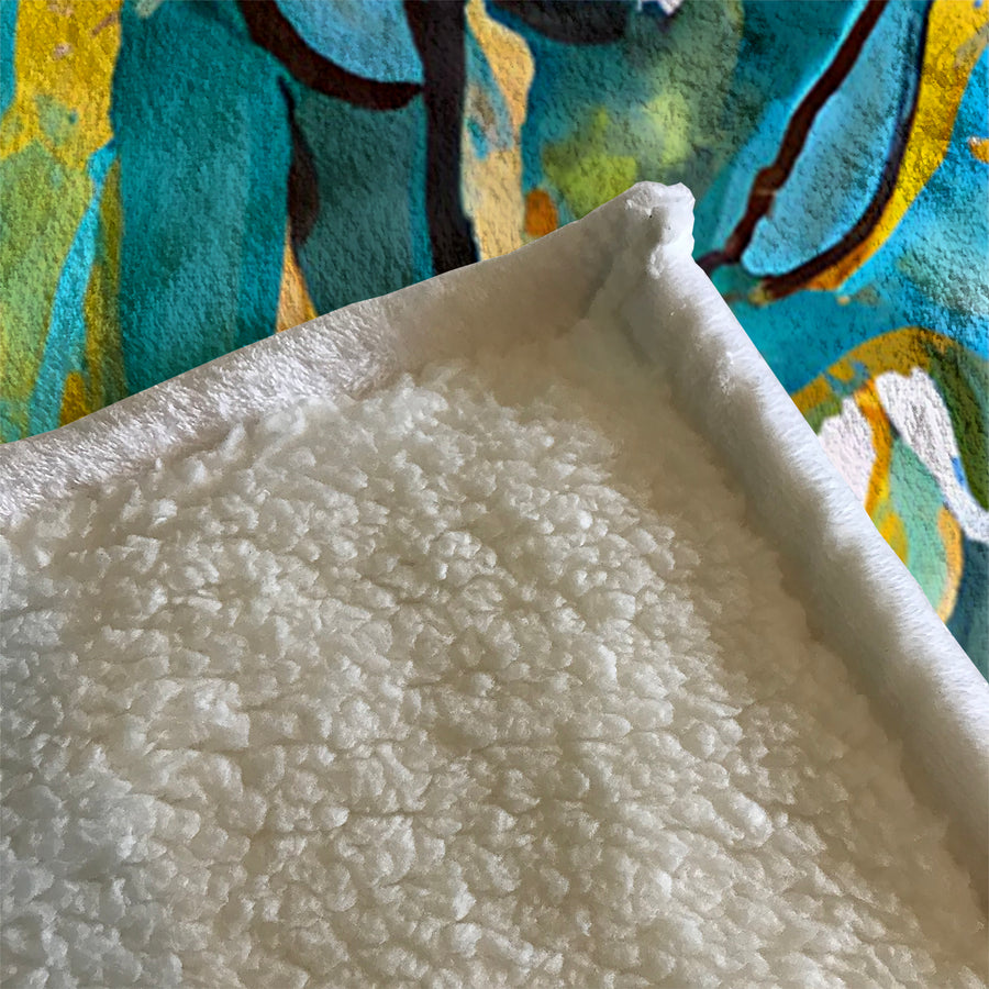 Teal Floral Botanical Artwork Fleece Sherpa Blanket