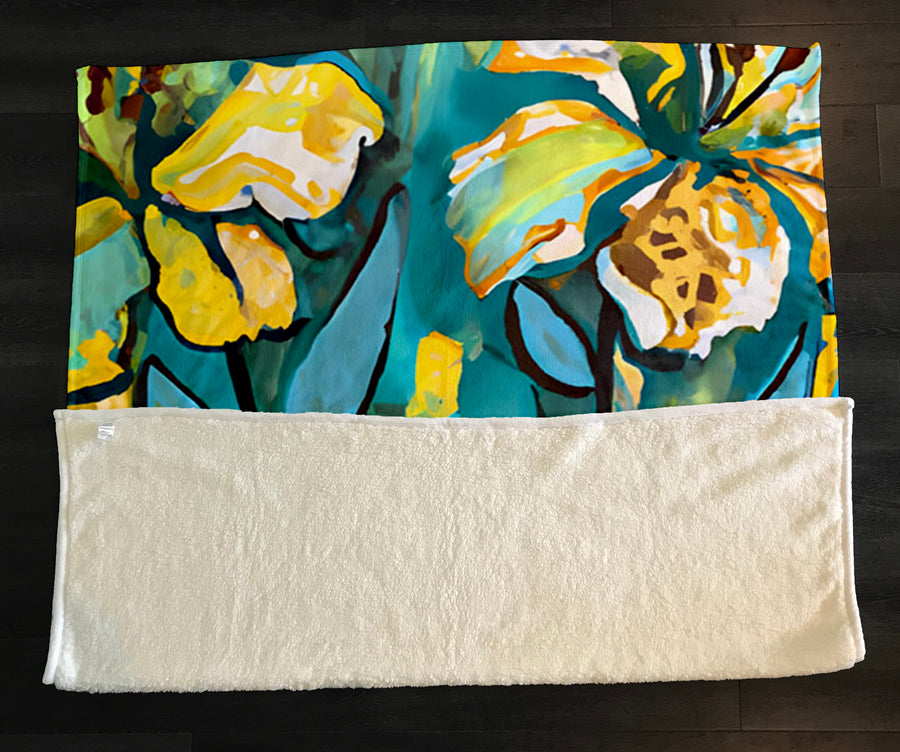 Teal Floral Botanical Artwork Fleece Sherpa Blanket