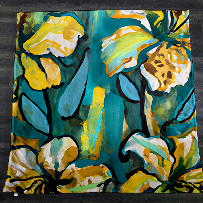 Teal Floral Botanical Artwork Fleece Sherpa Blanket