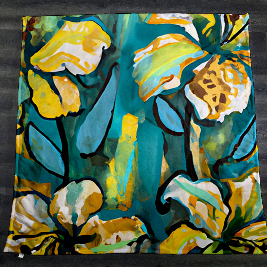 Teal Floral Botanical Artwork Fleece Sherpa Blanket