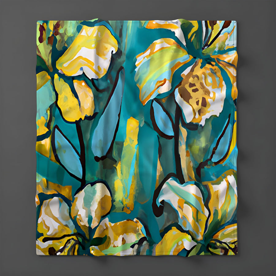 Teal Floral Botanical Artwork Fleece Sherpa Blanket