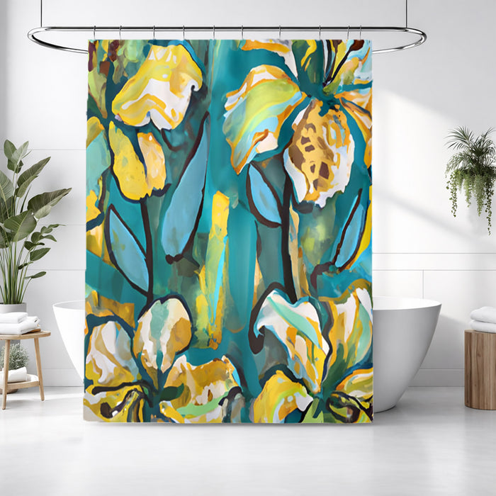 Teal Floral Botanical Artwork Shower Curtain