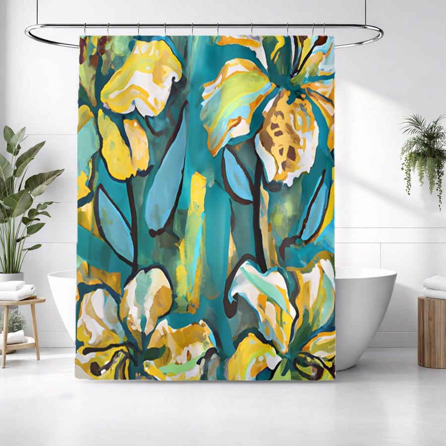 Teal Floral Botanical Artwork Shower Curtain