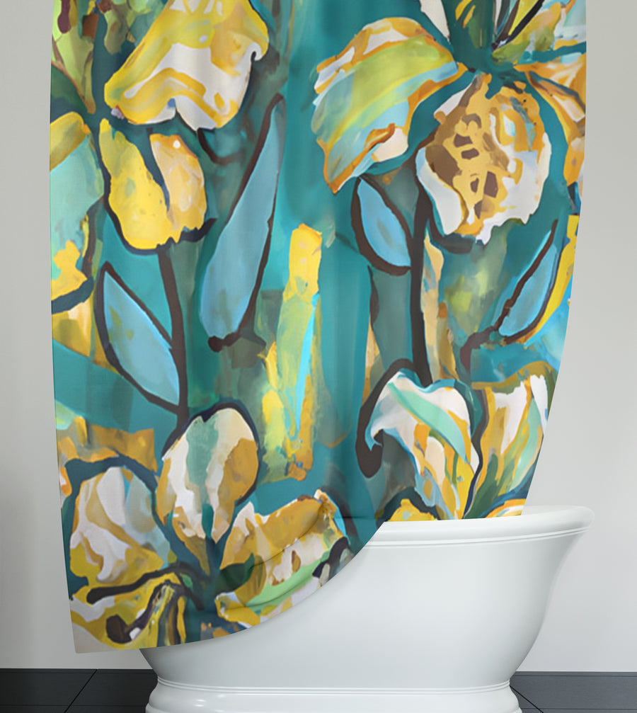 Teal Floral Botanical Artwork Shower Curtain