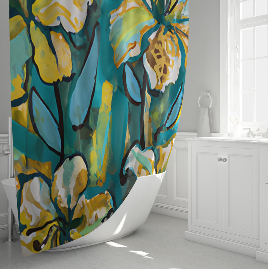 Teal Floral Botanical Artwork Shower Curtain