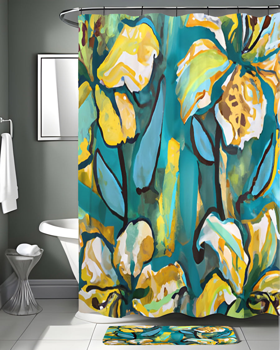 Teal Floral Botanical Artwork Shower Curtain
