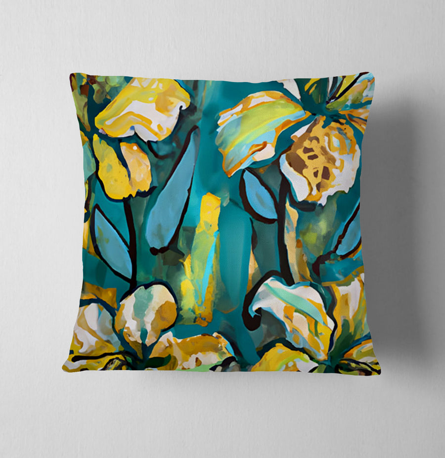 Teal Floral Botanical Artwork Throw Pillow Cover