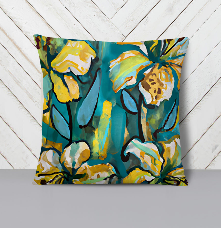Teal Floral Botanical Artwork Throw Pillow Cover