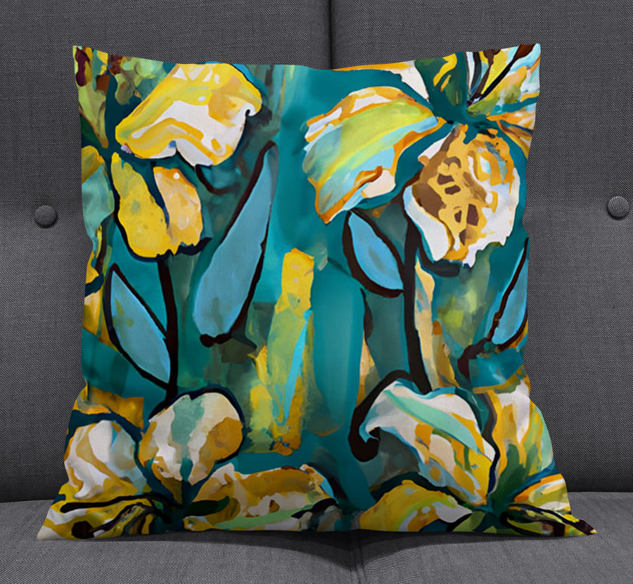Teal Floral Botanical Artwork Throw Pillow Cover
