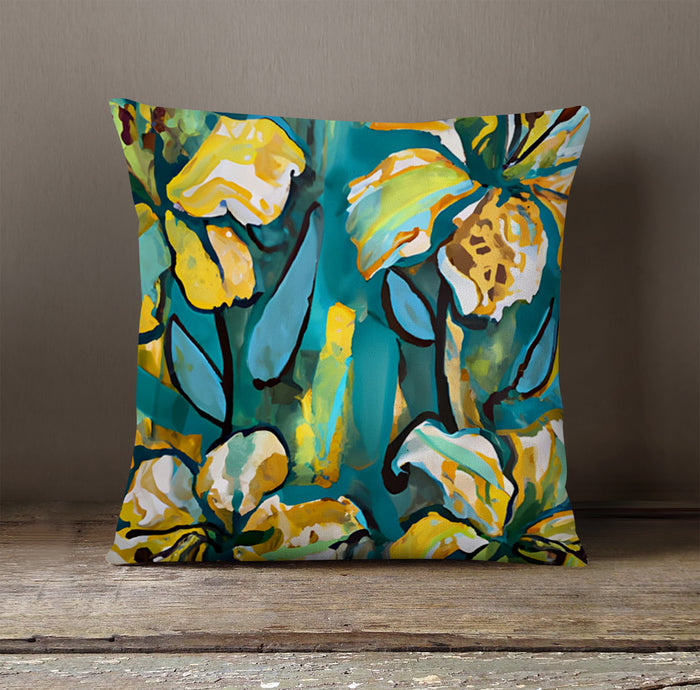 Teal Floral Botanical Artwork Throw Pillow Cover