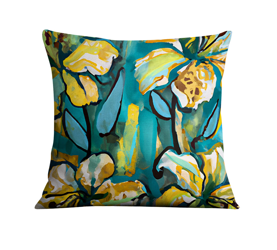 Teal Floral Botanical Artwork Throw Pillow Cover