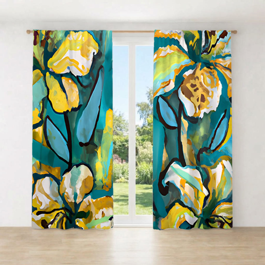 Teal Floral Botanical Artwork Window Curtains