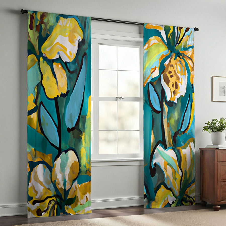 Teal Floral Botanical Artwork Window Curtains