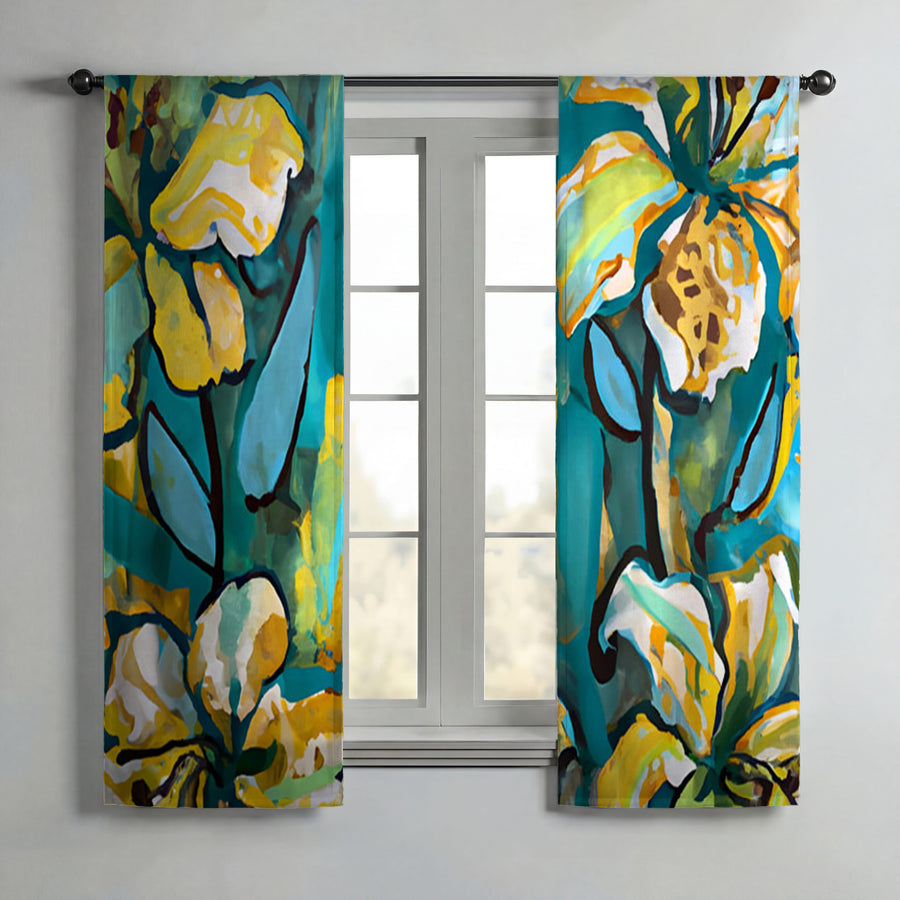 Teal Floral Botanical Artwork Window Curtains