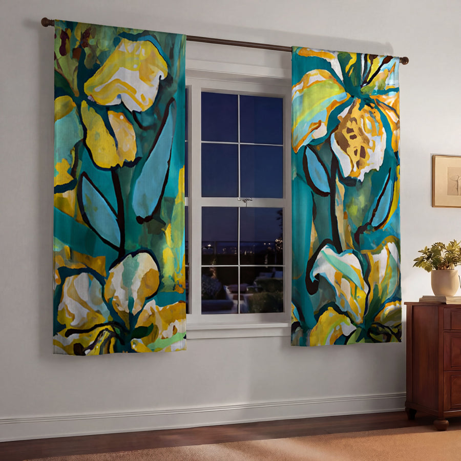 Teal Floral Botanical Artwork Window Curtains