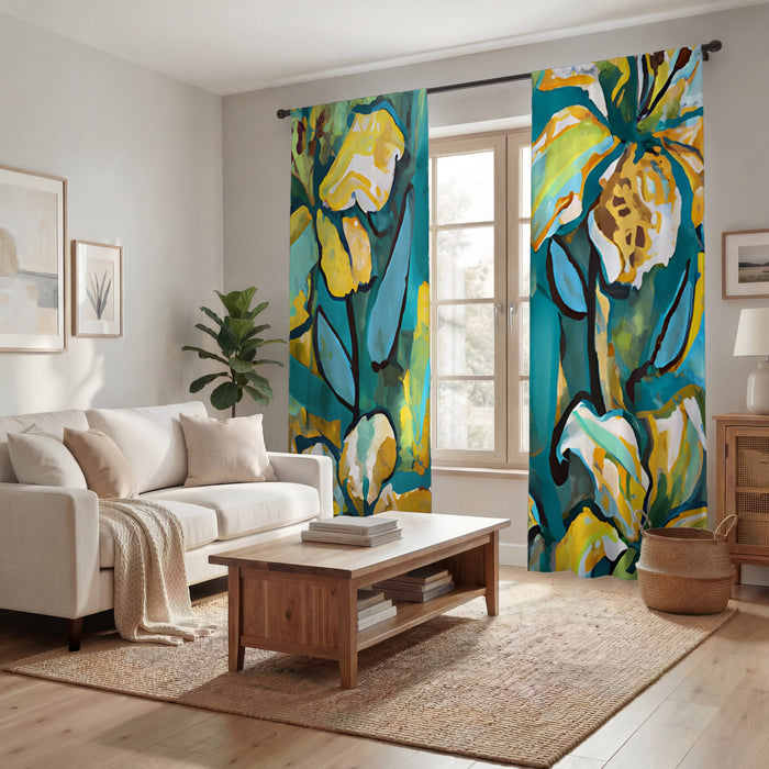 Teal Floral Botanical Artwork Window Curtains