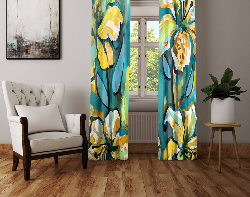 Painted Floral Window Curtains - Blue, Yellow and Green Contemporary Print - Deja Blue Studios