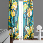 Painted Floral Window Curtains - Blue, Yellow and Green Contemporary Print - Deja Blue Studios