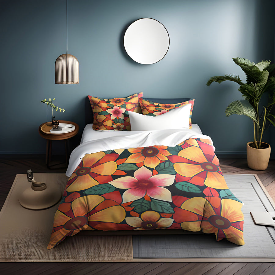 Orange Retro Floral Pattern Duvet Cover