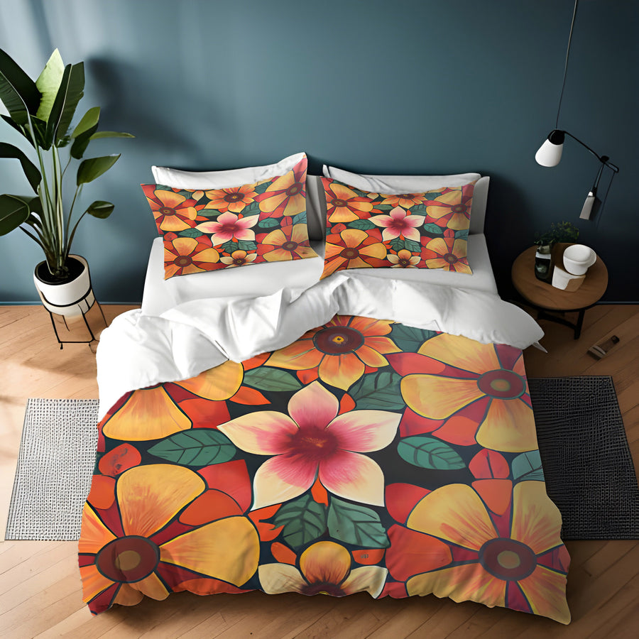 Orange Retro Floral Pattern Duvet Cover