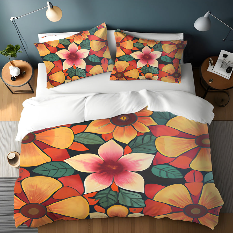 Orange Retro Floral Pattern Duvet Cover